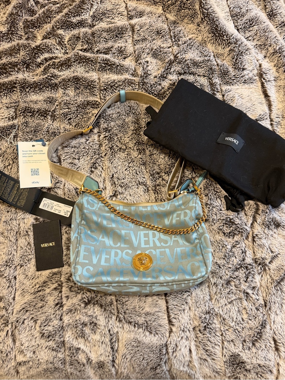 Versace Light Blue Logo Jacquard Shoulder Bag with Gold Chain Detail
